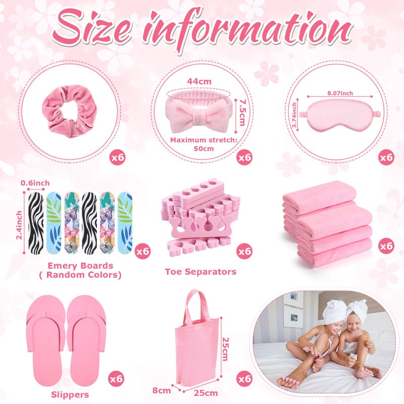Thiccywoov 54Pcs Kids Foot Spa Party Supplies for Girl Spa Party Favors 6 Washbasin 6 Tote Bags 6 Hand Towels 6 Toe Separators 6 Hair Scrunchies 6 Hairband 6 Slipper 6 Eye Mask 6 Nail File (Pink) - Image 3